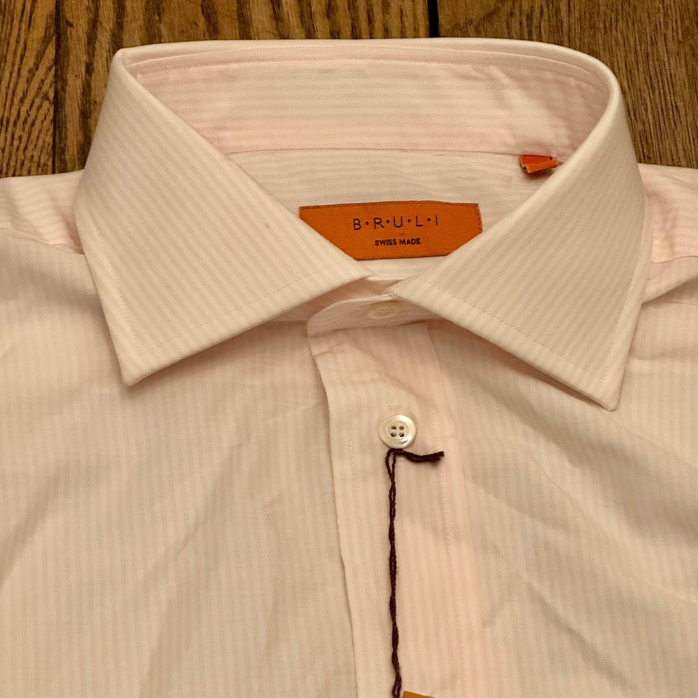 Bruli Swiss Made Dress Shirt Mens 16 / 35.5 Pink Striped Long Sleeve NWT